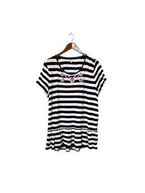 Striped Navy & White Floral Beaded Ruffle Hem Top XXL Notical cottage tween